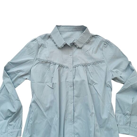 🔴2 for 60🔴 blouse button up long-sleeve blue gray pleated lace trim size M. - Picture 5 of 16